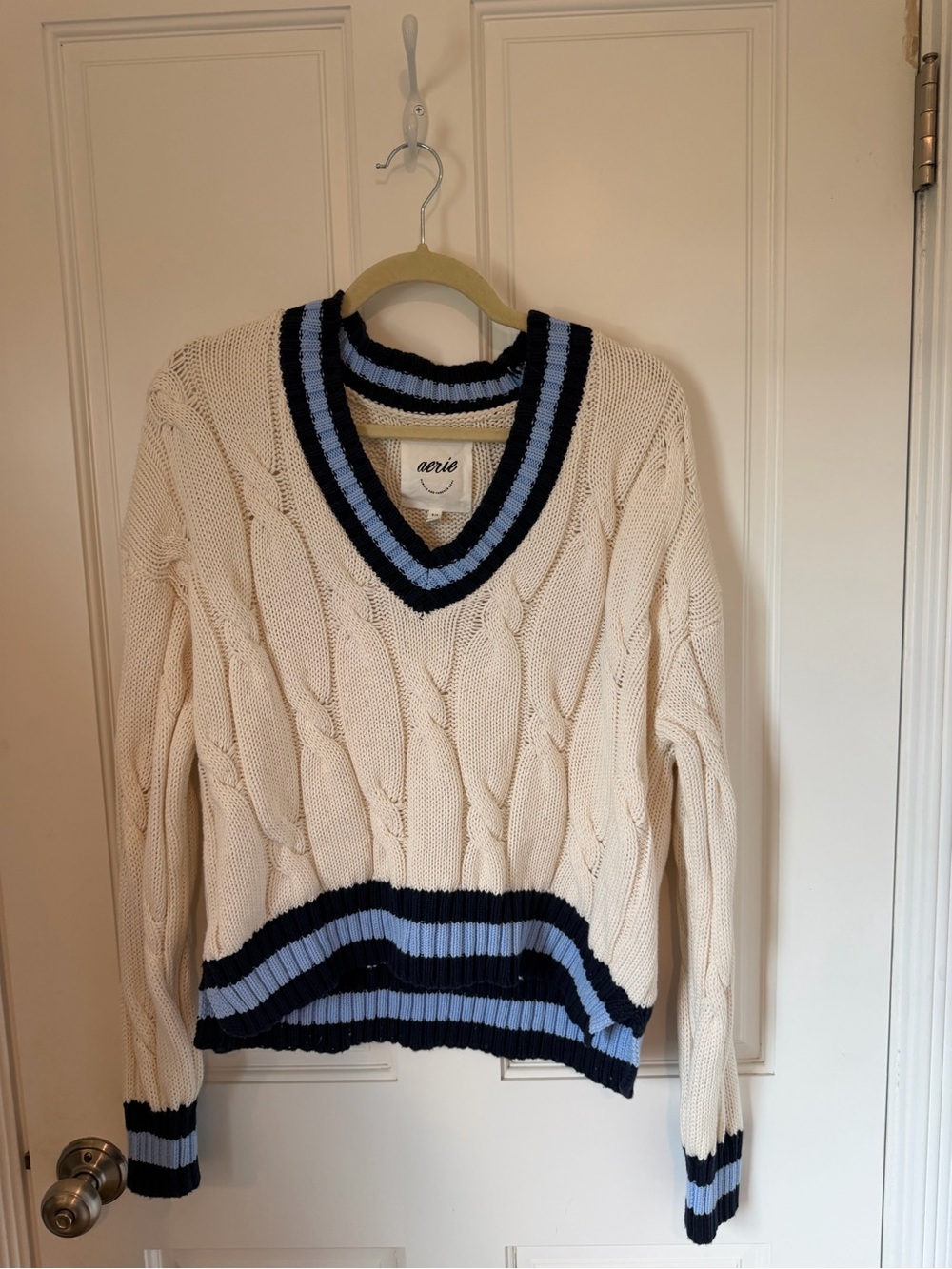 aerie Cream Cable V-Neck Sweater with Blue and Navy Trim